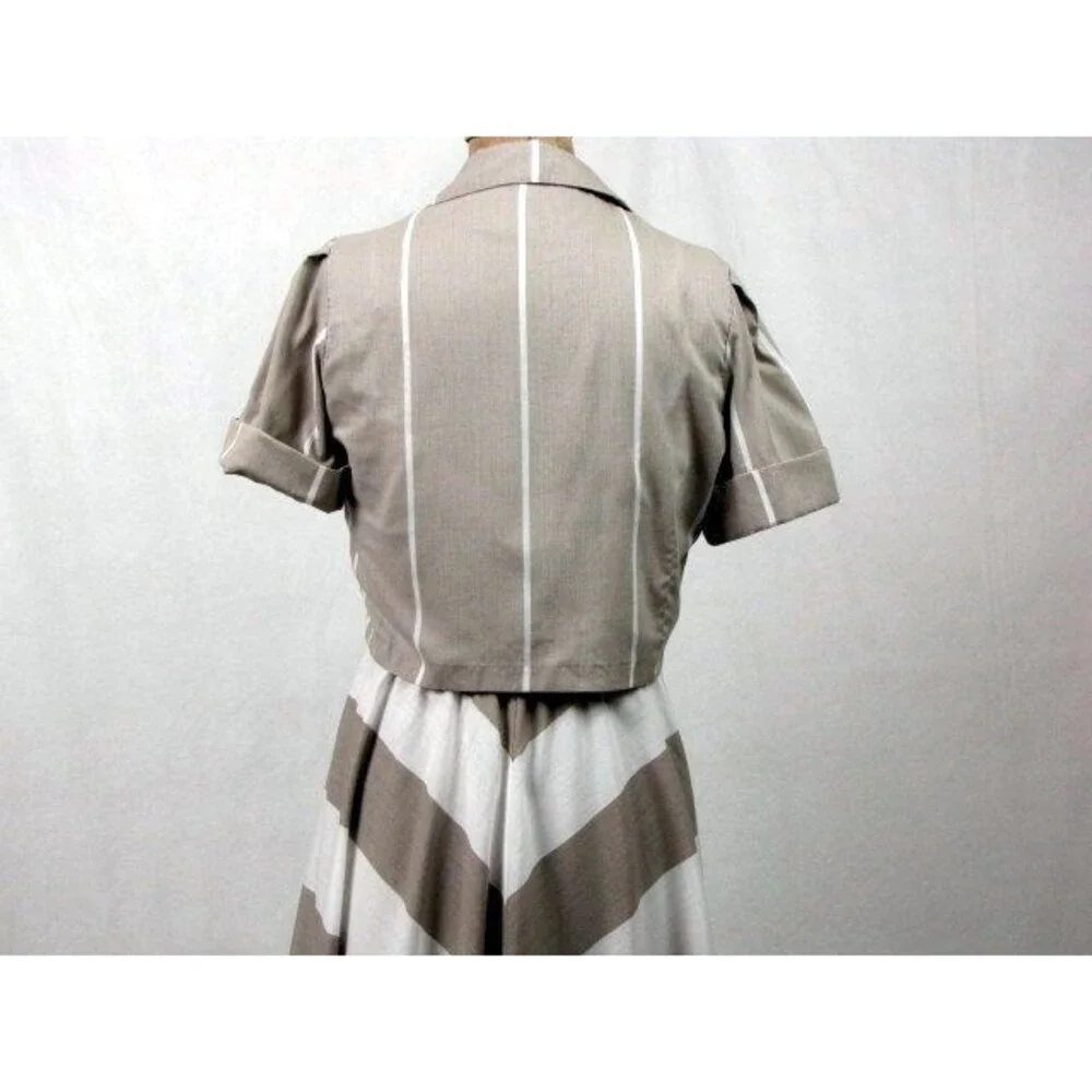 Vintage 70s Summer Dress Chevron Print White Taupe Small Matching Jacket Cotton